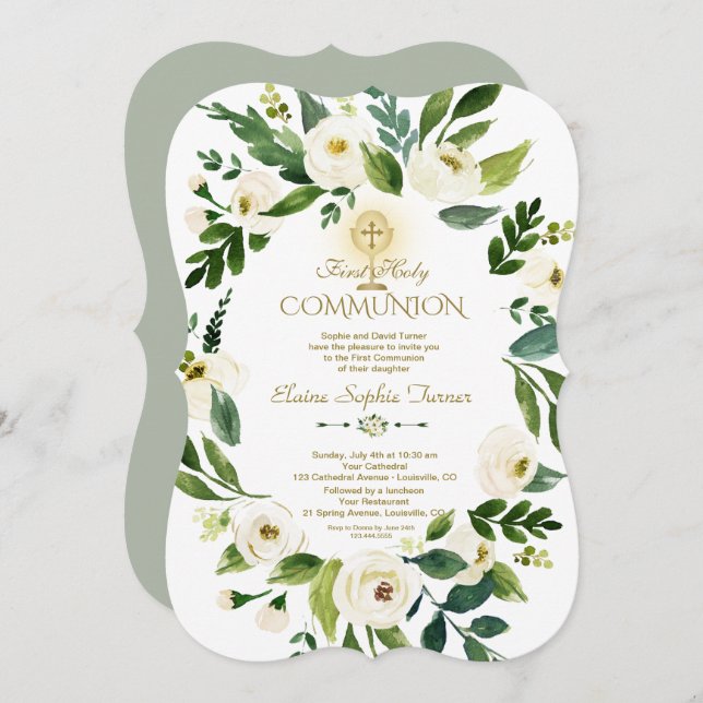 Charm Vit Blommig Krans Kors Nattvard Inbjudningar (Fram/baksida)