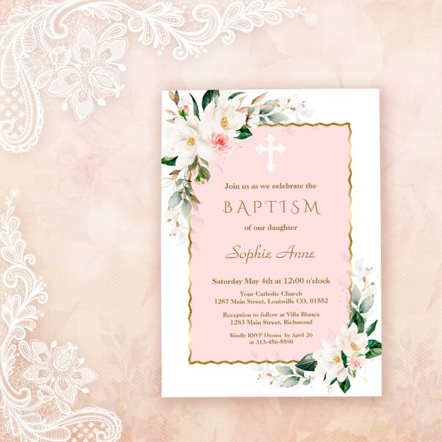 Charm Vit Magnolia Rosa Guld Blommig Dopceremoni Inbjudningar (white magnolia baptism, trendy modern elegant baptism invitation, gold white floral baptism invite)