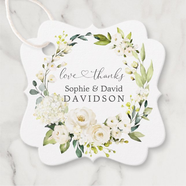 Charm Vit ros Hydrangea Calligraphy Bröllop Gåvor Etiketter (Framsida)