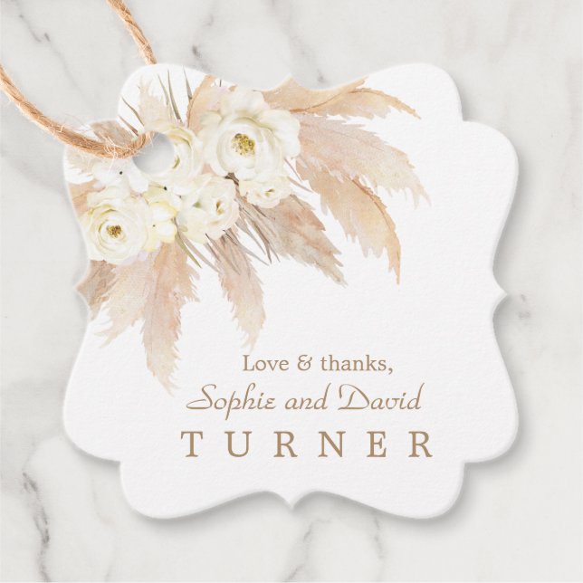 Charm Vit ros Pampas Grass Guld Bröllop Gåvor Etiketter (Framsida)
