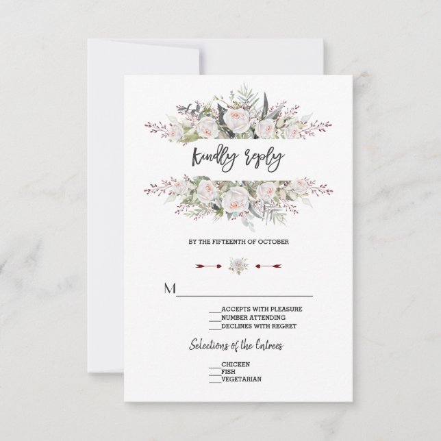 Charm Vita Blommor Ram Bröllop RSVP OSA Kort (Framsida)