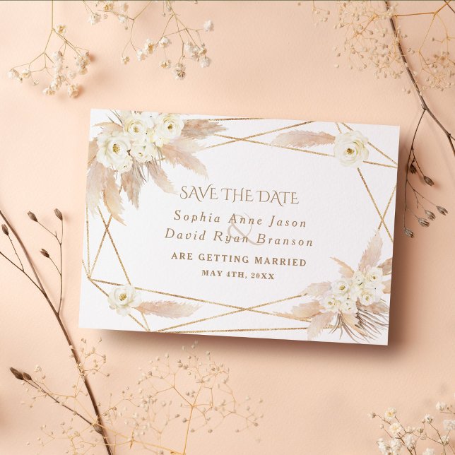 Charm Vita Rosor Pampas Gräs Guld Bröllop Spara Datumet (trendy save the date pampas grass white floral gold)