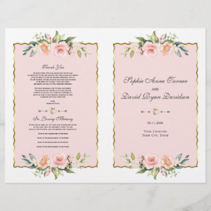 Charm Watercolor Blommigt Guld Bröllopsprogram