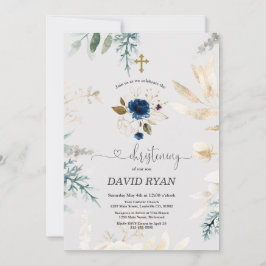 Charm Watercolor Blue Blommigt Guld Christening Inbjudningar