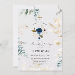 Charm Watercolor Blue Blommigt Guld Christening Inbjudningar