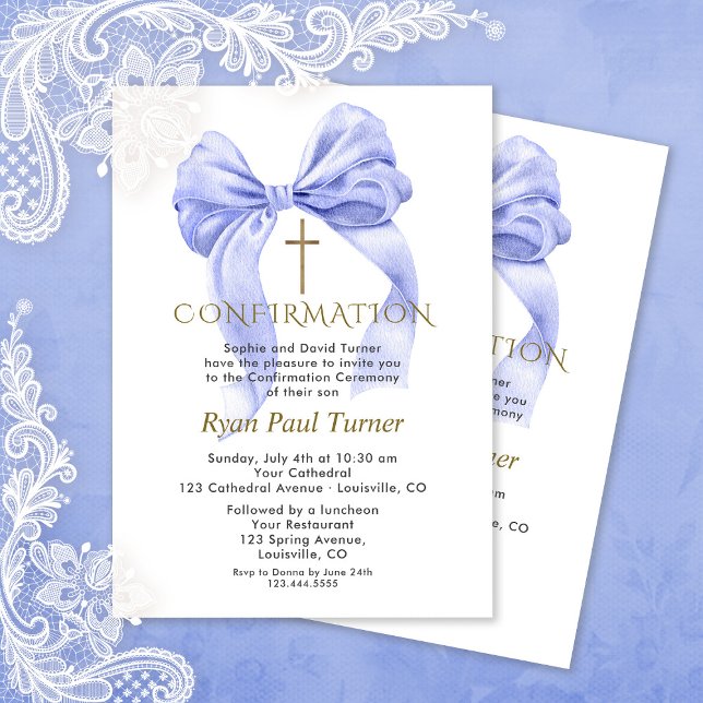 Charm Watercolor Blue Bow Boy Confirmation Inbjudningar (Skapare uppladdad)