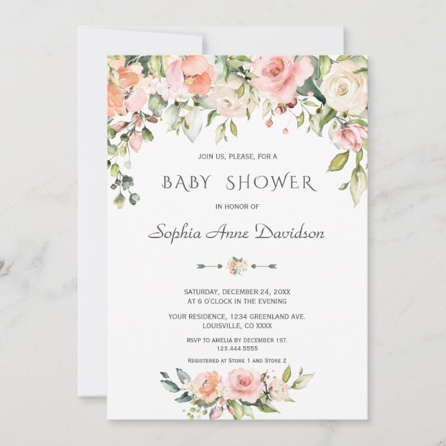 Charm Watercolor  Cream Blommigt Baby Shower Inbjudningar (Framsida)