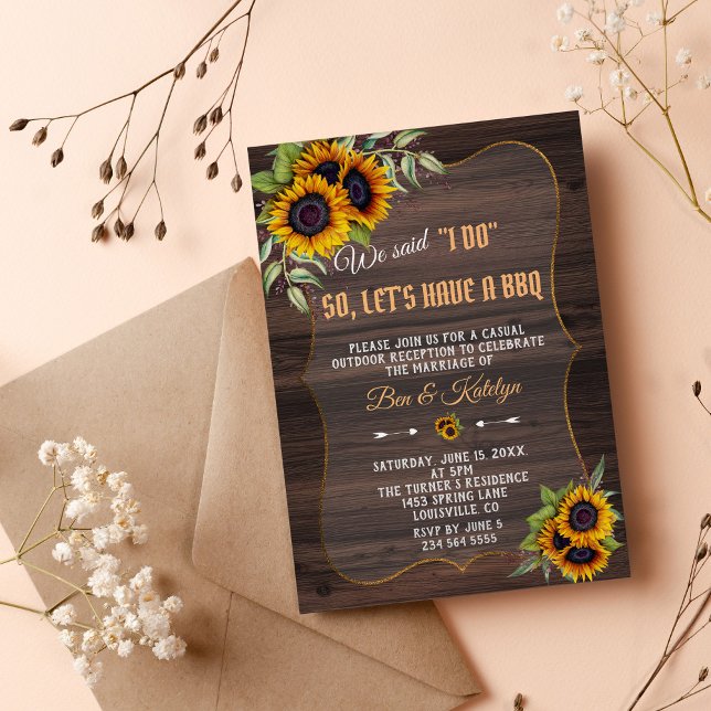 Charm Watercolor SunblommWood Bröllop I DO BBQ Inbjudningar (I do bbq wedding sunflowers wood fall)