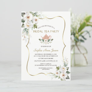 Charm White Blommigt Guld Möhippa Tea Party Inbjudningar
