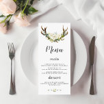 Charm White Cream Flowers Antlers Bröllop Meny<br><div class="desc">En rustisk, bohemisk design för speciella, nästan alla säsongsevenemang! Den här designen har hjortar, vattenfärgsvit, krämblommor, pilar med samma blommor och på baksidan av blommigten bouquet på vit bakgrund. Använda Anpassa verktyg om du vill lägga till din information. Om du vill ha mer information kan du besöka min Blommigt Antlers...</div>