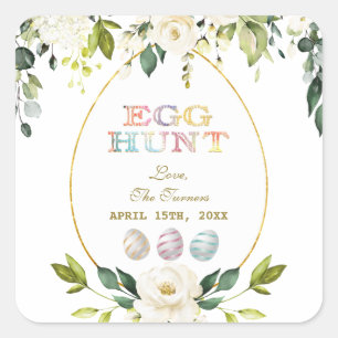 Charm White Cream Flowers Egg Hunt Guld Påsk Fyrkantigt Klistermärke