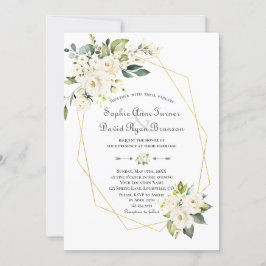Charm White Cream Flowers Guld Ram Bröllop Inbjudningar