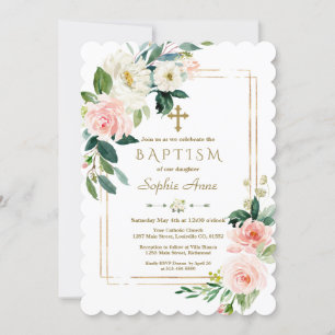 Charm White Flowers Bloom Guld Kor Baptism Inbjudningar