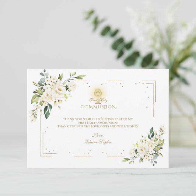 Charm White Flowers Golden Ram Heliga Communion Tack Kort (Stående Fram)
