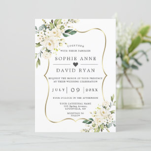 Charm White Flowers Guld allt på en Bröllop Inbjudningar