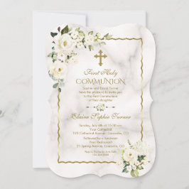 Charm White Flowers Guld First Heliga Communion Inbjudningar