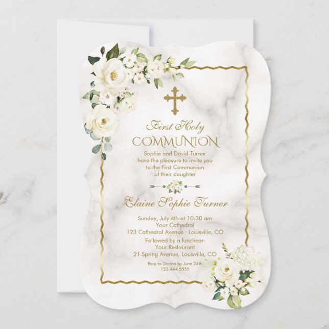 Charm White Flowers Guld First Heliga Communion Inbjudningar (Framsida)