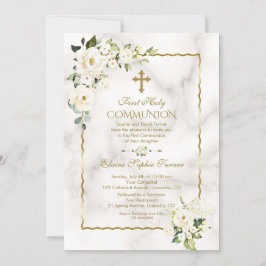 Charm White Flowers Guld First Heliga Communion Inbjudningar