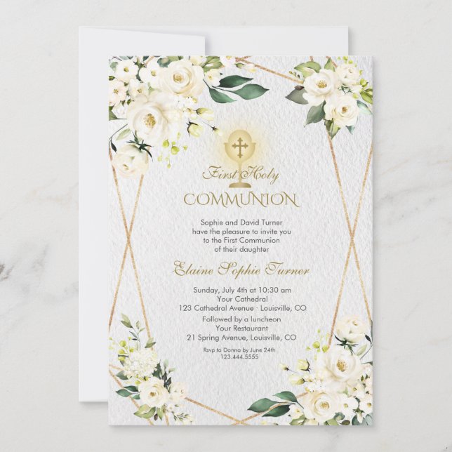 Charm White Flowers Guld First Heliga Communion Inbjudningar (Framsida)