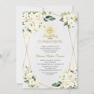 Charm White Flowers Guld First Heliga Communion Inbjudningar