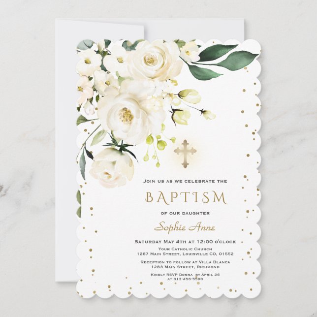 Charm White Flowers Guld Kor Girl Baptism Inbjudningar (Framsida)