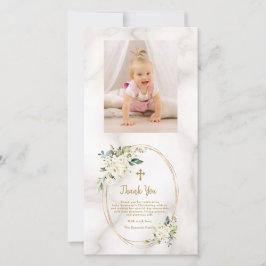 Charm White Flowers Guld Kor Photo Christening Tack Kort