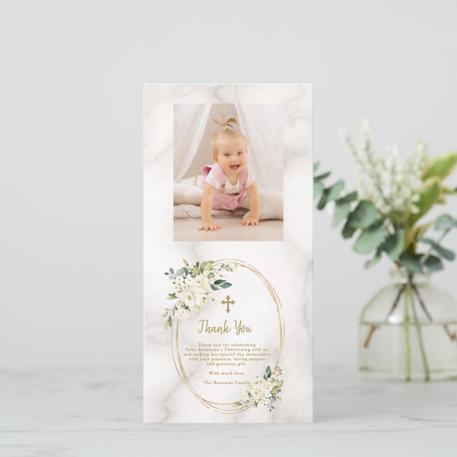Charm White Flowers Guld Kor Photo Christening Tack Kort (Stående Fram)
