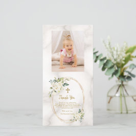 Charm White Flowers Guld Kor Photo Christening Tack Kort