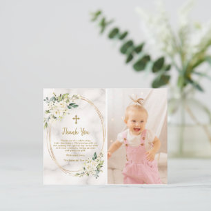 Charm White Flowers Guld Kor Photo Christening Tack Kort