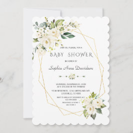 Charm White Flowers Guld Ram Baby Shower Inbjudningar