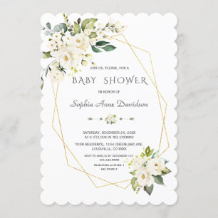 Charm White Flowers Guld Ram Baby Shower Inbjudningar