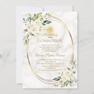 Charm White Flowers Marble Guld Heliga Communion Inbjudningar