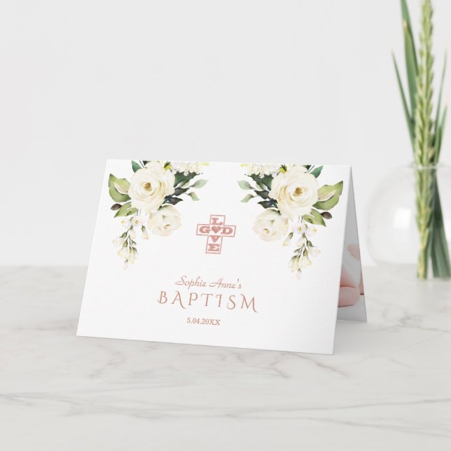 Charm White Flowers Ro Guld Kor Photo Baptism Kort (Framsida)