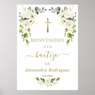 Charm White Flowers Välkommen Spansk baptism-signa Poster