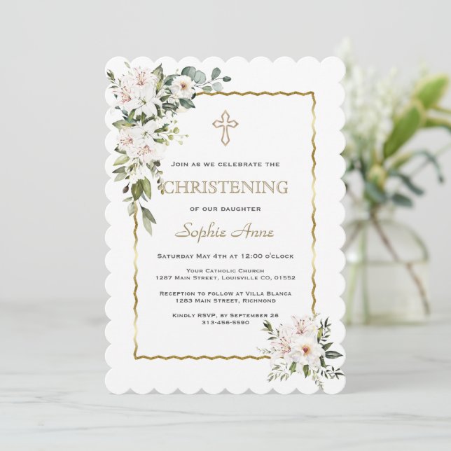 Charm White Lilies Ro Guld Girl Christening Inbjudningar (Stående Fram)