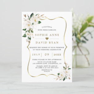 Charm White Magnolia Guld Blommigt Bröllop Inbjudningar