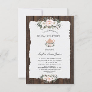 Charm White Rosa Blommigt Wood Möhippa Tea Party Inbjudningar