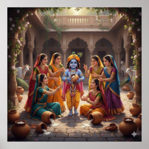 Charmande ljusa Bala Krishna med Gopis Poster