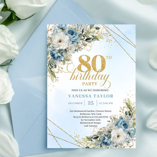 Charmant 80-års födelsedagsinbjudan Dammtorbla Blo Inbjudningar (Charming 80th Birthday Invite Dusty Blue Flowers Gold)