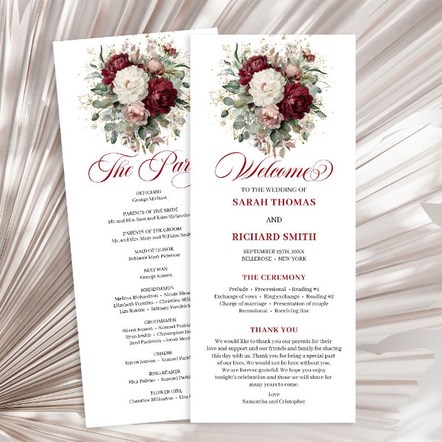 Charmant bröllopsprogram i burgunderröd och guld program (Charming Blush Burgundy Gold Wedding Program)