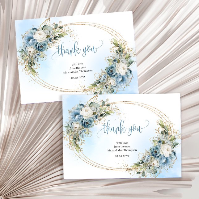 Charmant dammigt blått blommigt tackkort för bröll tack kort (Charming Dusty Blue Floral Wedding thank you card)