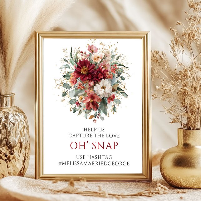 Charmant djuprött höstblommigt Oh Snap-skylt Poster (Charming Deep Red Autumn Floral Oh Snap Sign

)