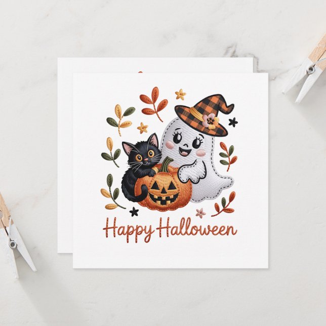 Charmant Halloween- gratulationskort – Handritad E Inbjudningar (Fram/Back In Situ)