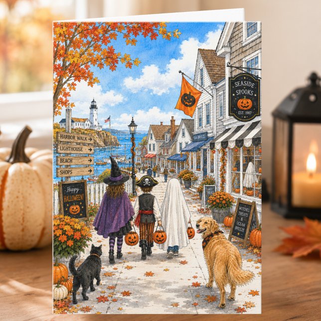 Charmant höstligt kustsamhälle Glad Halloween-kort Kort (Skapare uppladdad)