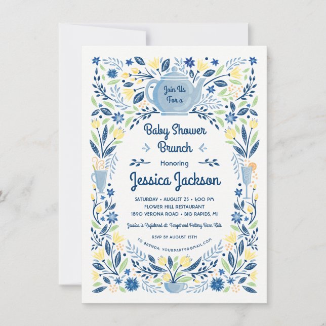 Charmant inbjudan till baby shower brunch i blått (Framsida)