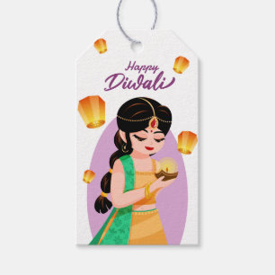 Charmant indiskt tjej med flytande lyktor Diwali Presentetikett