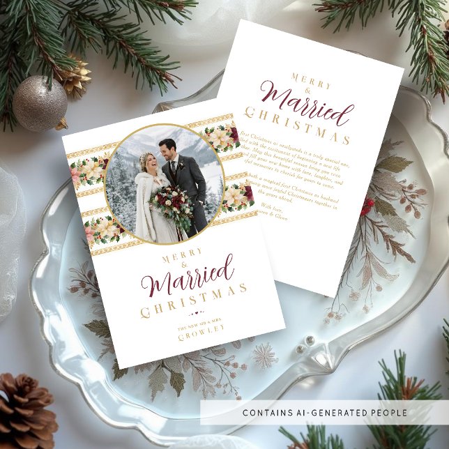Charmant jul botaniskt foto bröllop TMF26 Julkort (Charming Botanical Christmas Photo Wedding Holiday Card with Decorative Border.)
