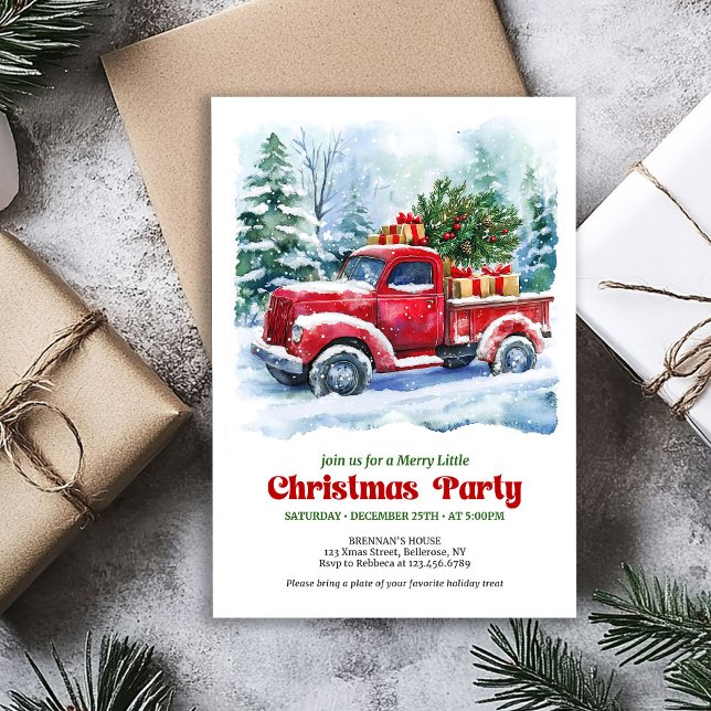 Charmant julscen med röd lastbil i rustik stil inbjudningar (Classic Christmas party invitation,
modern Traditional red truck car,
watercolor cozy Christmas scen)