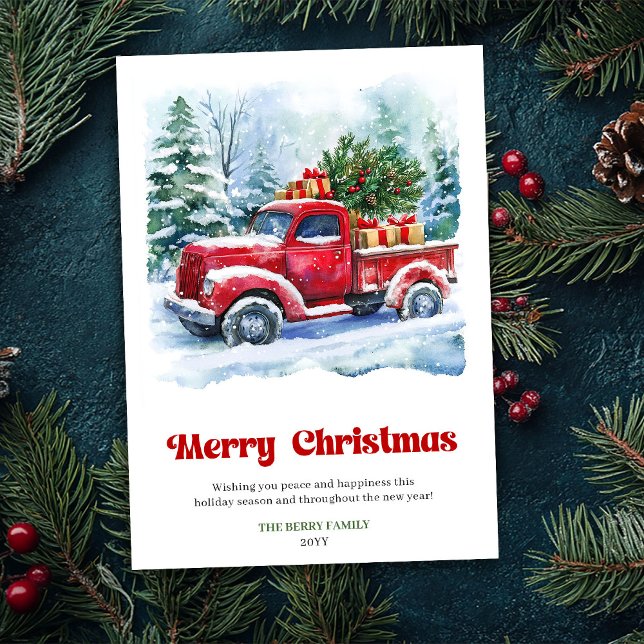 Charmant julscen med röd lastbil på rustik kort  (Charming red truck christmas scene rustic card design)