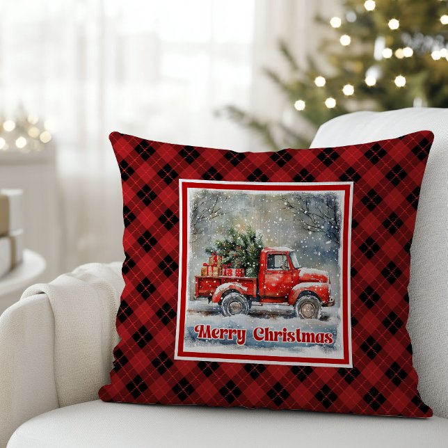 Charmant vintermotiv med röd lastbil rustik jul  kudde (Charming red truck winter scene rustic holiday Throw Pillow )